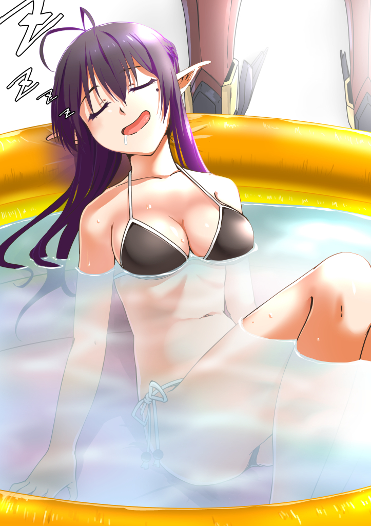 1girl antenna_hair arm_support as breasts closed_eyes collarbone drooling elf floating_breasts floating_hair katori_(pso2) long_hair mole mole_under_eye partially_submerged phantasy_star phantasy_star_online_2 pointy_ears pool purple_hair shimotsuki_iko sitting sleeping solo swimsuit