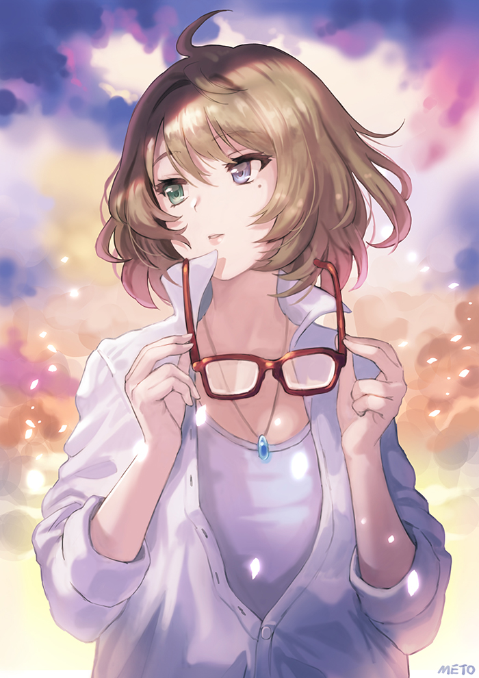 1girl ahoge blue_eyes brown_hair buttons eyebrows eyebrows_visible_through_hair glasses glasses_removed glowing green_eyes holding holding_glasses idolmaster idolmaster_cinderella_girls jacket jewelry light_smile long_sleeves looking_to_the_side meto31 mole mole_under_eye necklace parted_lips pendant petals red-framed_eyewear short_hair takagaki_kaede unbuttoned white_jacket