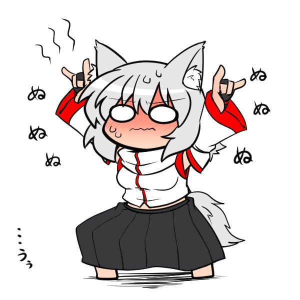 &gt;:( 1girl \m/ animal_ears arms_up black_skirt blush bridal_gauntlets chibi detached_sleeves embarrassed female flat_color full-face_blush full_body inubashiri_momiji katsumi5o looking_at_viewer no_hat no_headwear pose short_hair silver_hair skirt solid_circle_eyes solo sweat touhou wavy_mouth white_background wolf_ears