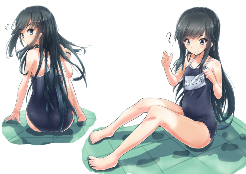 1girl ? adjusting_clothes adjusting_swimsuit alternate_costume arm_support asashio_(kantai_collection) ass bare_arms bare_legs barefoot black_hair blue_eyes blue_swimsuit character_name checkered checkered_floor competition_school_swimsuit covered_navel from_behind full_body kantai_collection long_hair looking_at_viewer looking_down moonstar multiple_views name_tag one-piece_swimsuit school_swimsuit sitting spoken_question_mark swimsuit swimsuit_pull thighs wet wet_clothes wet_swimsuit