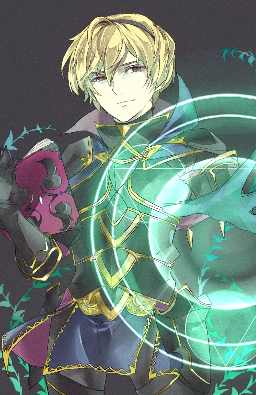 1boy ahoge arisawa armor bangs blonde_hair book brown_eyes casting_spell commentary_request empty_eyes fire_emblem fire_emblem_if gloves hairband highres holding holding_book holding_weapon leon_(fire_emblem) leon_(fire_emblem_if) short_hair simple_background smirk solo thorns weapon