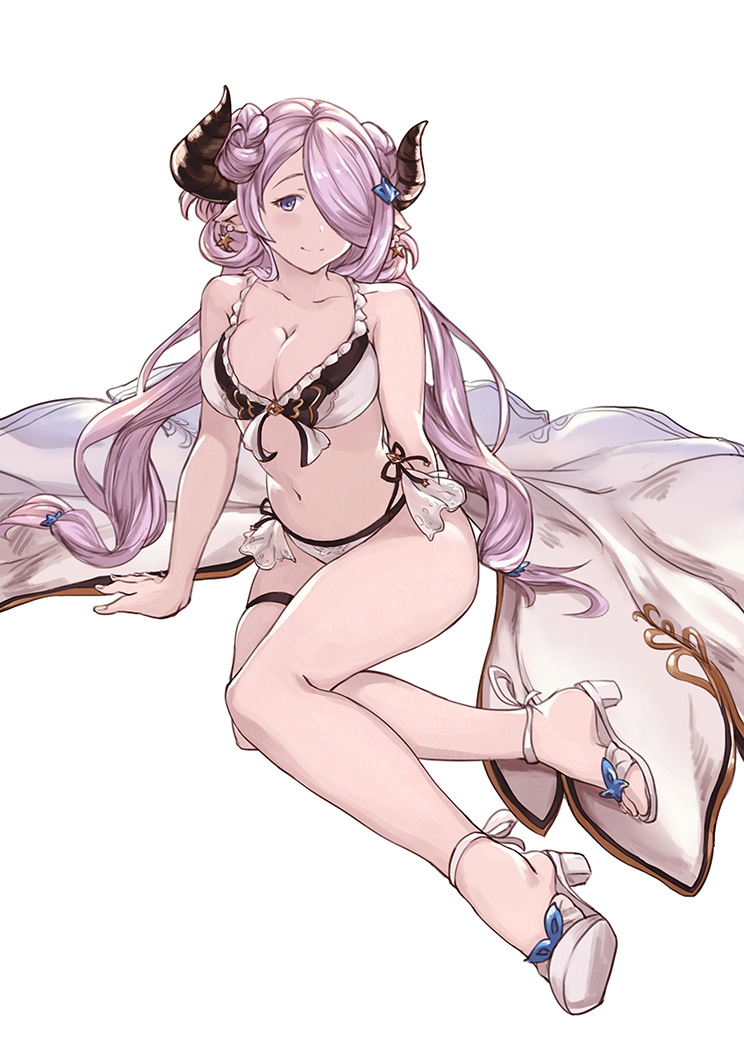 1girl bare_shoulders bikini blush breasts cleavage doraf earrings full_body granblue_fantasy hair_ornament hair_over_one_eye horns jewelry large_breasts lavender_hair long_hair looking_at_viewer narumeia_(granblue_fantasy) navel pointy_ears shimizu_panikku simple_background sitting smile solo star star_earrings swimsuit twintails violet_eyes white_background white_bikini