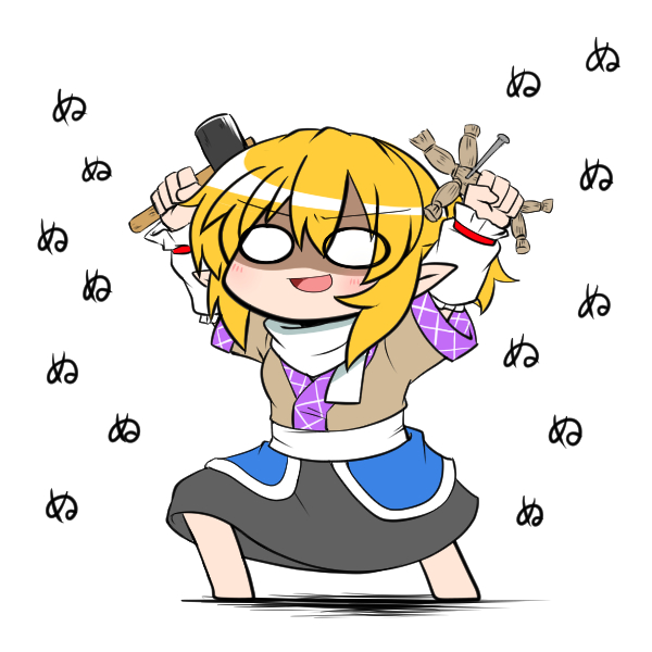 &gt;:d 1girl :d arm_warmers arms_up blonde_hair blush chibi female full_body hammer hammmer katsumi5o looking_at_viewer mizuhashi_parsee open_mouth pointy_ears sash scarf shaded_face short_hair short_sleeves smile solid_circle_eyes solo touhou voodoo_doll white_background white_scarf