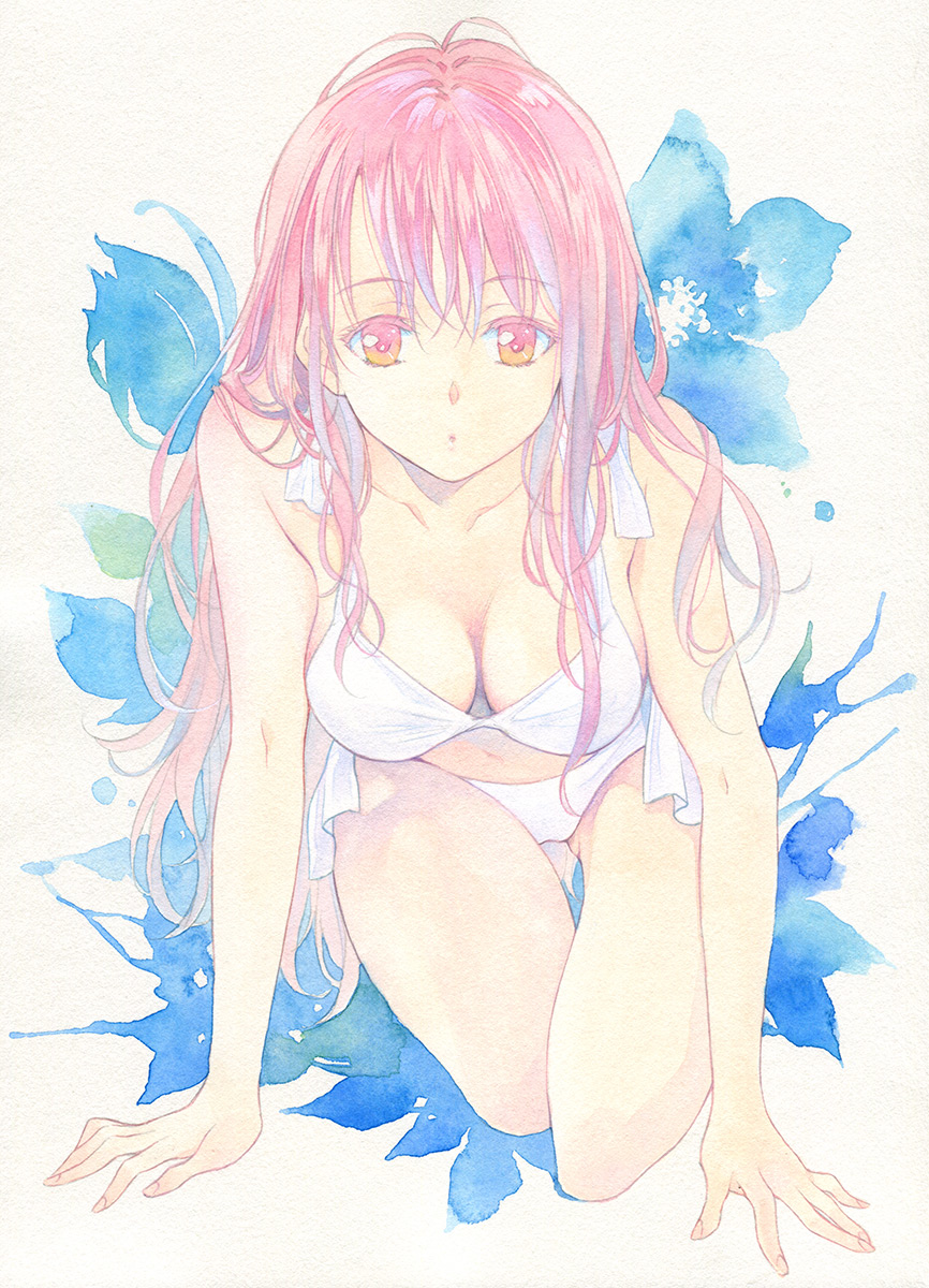 1girl agahari bikini blue_flower breasts cleavage female full_body highres long_hair looking_at_viewer original pale_color pink_eyes pink_hair plant solo swimsuit white_background