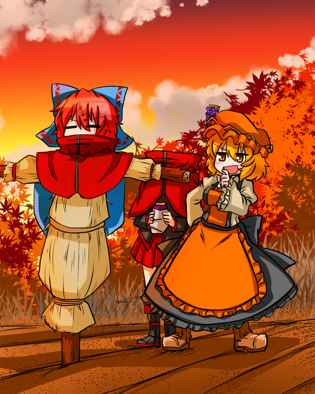 &gt;:d 2girls :d =_= aki_minoriko apron autumn blonde_hair blue_bow blush bow cape closed_eyes disembodied_head dress field food fruit full_body grapes hair_bow hat headless high_collar highres juliet_sleeves katsumi5o long_sleeves looking_at_another mob_cap multiple_girls open_mouth puffy_sleeves red_cape redhead scarecrow sekibanki short_hair smile sweet_potato touhou waist_apron wide_sleeves yellow_eyes