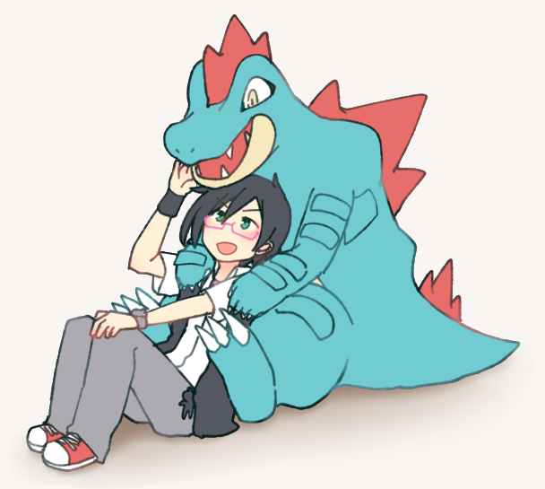 1boy black_hair crossover fangs feraligatr glasses green_eyes idolmaster idolmaster_side-m iseya_shiki looking_at_another male_focus open_clothes open_vest pink-framed_eyewear pokemon pokemon_(creature) shoes sitting sneakers tasuki tasuki_0r1gam1 vest yellow_eyes