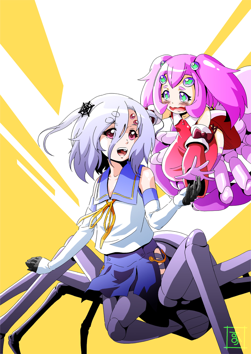 2girls arachne carapace detached_sleeves extra_eyes eyes_visible_through_hair green_eyes hair_ornament insect_girl lavender_hair monster_girl monster_musume_no_iru_nichijou multiple_girls multiple_legs open_mouth pink_eyes pink_hair purple_sclera rachnera_arachnera s-now school_uniform signature small_breed_(monster_musume) spider_girl twintails wavy_mouth younger
