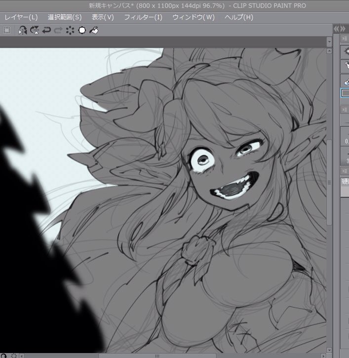 1girl 3m_0l :d bangs breasts chainsaw crazy_eyes crazy_smile doraf granblue_fantasy greyscale hallessena hat horns large_breasts long_hair monochrome open_mouth photoshop pointy_ears sharp_teeth sketch smile solo strapless teeth tubetop under_boob uneven_eyes