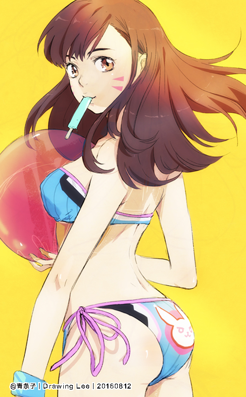 1girl 2016 adapted_costume armband artist_name ass ball bangs beachball bikini blue_bikini breasts brown_eyes brown_hair bunny_print d.va_(overwatch) dated facepaint facial_mark from_behind lee1210 long_hair looking_at_viewer looking_back medium_breasts mouth_hold overwatch popsicle side-tie_bikini simple_background smile solo strapless strapless_bikini swimsuit whisker_markings yellow_background