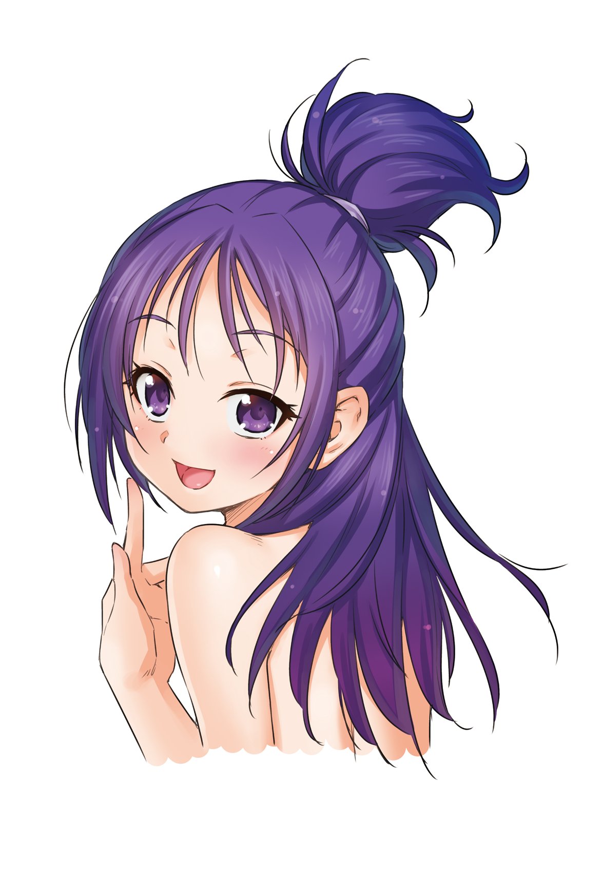 1girl :d from_behind futari_wa_precure_splash_star half_updo highres jpeg_artifacts kazuma_muramasa looking_back mishou_mai nude open_mouth ponytail precure purple_hair simple_background smile solo upper_body violet_eyes white_background