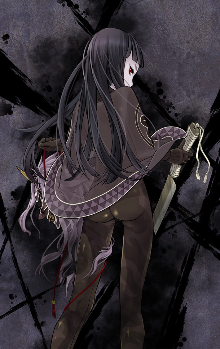 1girl ass back_turned black_hair bodysuit from_behind hatchet long_hair looking_at_viewer looking_back mask pale_skin poncho red_eyes see-through shin_megami_tensei shin_megami_tensei_iv shin_megami_tensei_iv_final toki_(shin_megami_tensei_iv_final) white-light