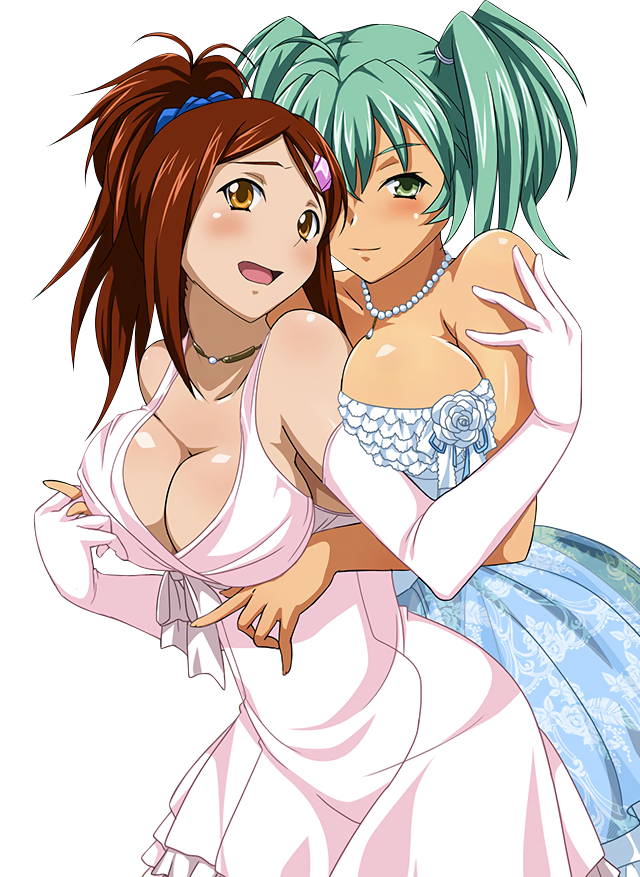 00s 2girls bachou_mouki bare_shoulders blue_dress blush breast_press breasts brown_eyes brown_hair cleavage collarbone dress elbow_gloves extraction gloves green_eyes green_hair hair_ornament hair_scrunchie hand_holding ikkitousen jewelry large_breasts long_hair looking_at_viewer multiple_girls necklace open_mouth ponytail ryofu_housen scrunchie short_hair sideboob strapless strapless_dress transparent_background twintails white_dress white_gloves yuri