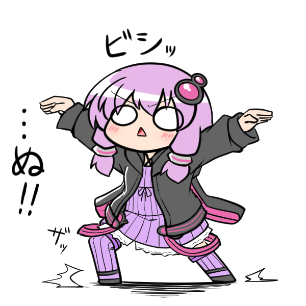 &gt;:o 1girl :o animal_hood bunny_hood chibi dress female full_body hood hood_down hooded_jacket hoodie jacket katsumi5o long_sleeves looking_at_viewer low_twintails open_clothes open_hoodie outstretched_arms pose purple_dress purple_hair ribbed_dress solid_circle_eyes solo spread_arms strapless strapless_dress striped striped_legwear translation_request triangle_mouth tube_dress twintails vocaloid voiceroid white_background yuzuki_yukari