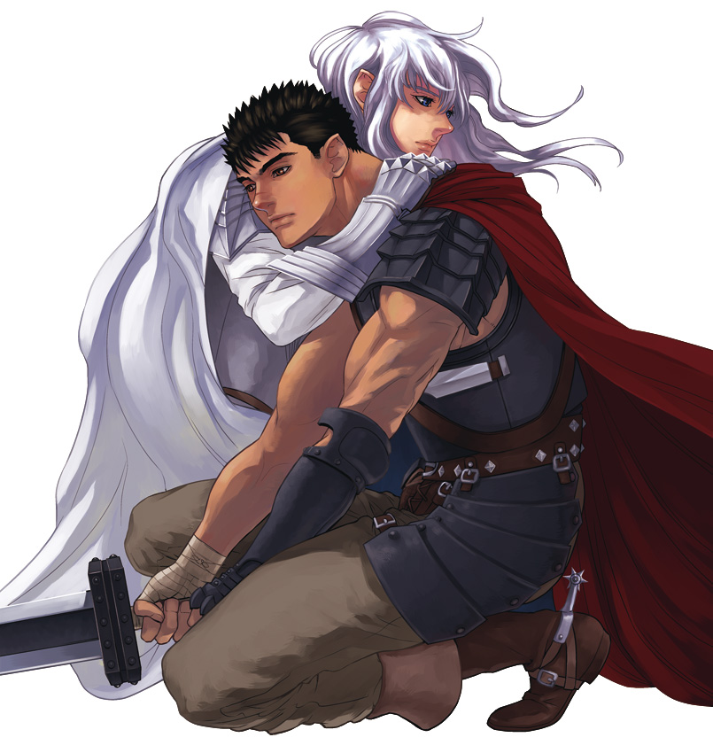 2boys armor bandage berserk black_hair blue_eyes boots breastplate brown_eyes cape faulds gauntlets griffith guts holding holding_sword holding_weapon hug knee_boots long_hair male_focus multiple_boys one_knee scar simple_background spaulders spurs sword weapon white_hair zonzgong