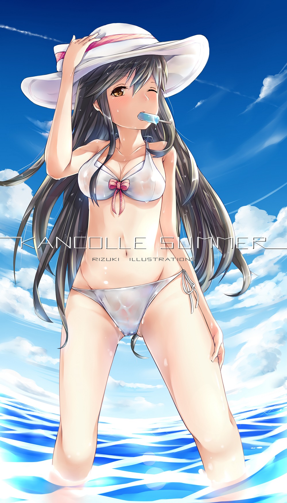 1girl arm_at_side arm_up bikini black_hair blue_sky bow breasts brown_eyes cleavage clouds collarbone condensation_trail copyright_name day eyebrows eyebrows_visible_through_hair hair_between_eyes haruna_(kantai_collection) hat highres holding holding_hat horizon kantai_collection long_hair medium_breasts navel ocean one_eye_closed outdoors pink_bow ribbon rizuki_suwoto see-through side-tie_bikini sky sparkle standing stomach summer swimsuit very_long_hair wading water wet wet_clothes wet_hair wet_swimsuit white_bikini white_hat white_ribbon