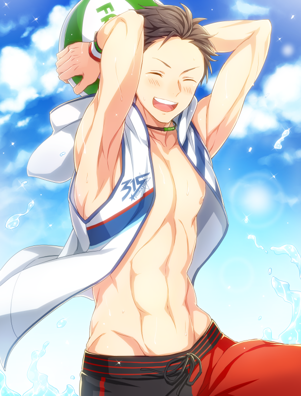 1boy adonis_belt alternate_costume ball beachball brown_hair closed_eyes clouds groin idolmaster idolmaster_side-m kimura_ryuu male_focus male_swimwear muscle navel nesuop_(sm_nesuop) nipples open_clothes open_mouth open_shirt shirt shirtless sky sleeveless sleeveless_hoodie smile solo swim_trunks swimwear water