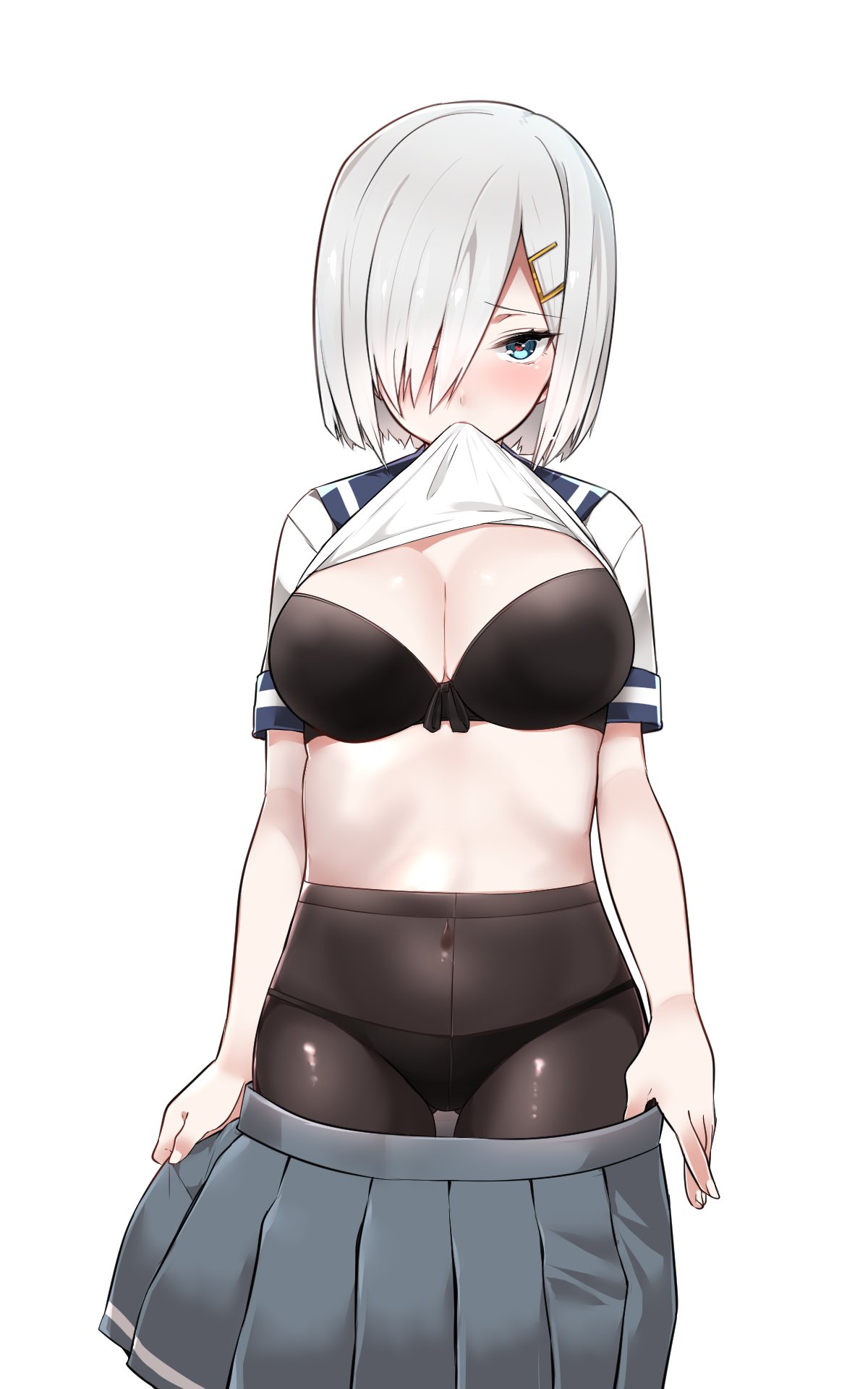 1girl black_bra black_panties blue_eyes blush bra breasts cleavage covered_navel cowboy_shot crotch_seam hair_ornament hair_over_one_eye hairclip hamakaze_(kantai_collection) heart heart-shaped_pupils highres kantai_collection large_breasts lifted_by_self looking_at_viewer mitsudoue mouth_hold navel panties panties_under_pantyhose pantyhose school_uniform see-through serafuku shirt short_hair silver_hair simple_background skirt solo standing stomach symbol-shaped_pupils underwear undressing white_background white_shirt