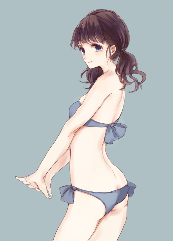 1girl arched_back ass bangs bare_back bare_shoulders bikini blue_background blue_bikini blue_eyes blunt_bangs blush breasts brown_hair butt_crack flat_ass from_side hair_tie kashiwagi_chisame long_hair looking_to_the_side low_twintails original side-tie_bikini simple_background small_breasts smile solo standing stretch swimsuit thighs twintails