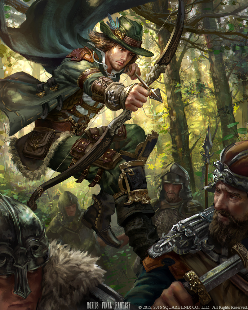 5boys aiming arm_guards armband armor arrow backlighting beard belt_pouch black_boots boots bow_(weapon) brown_hair closed_mouth copyright_name drawing_bow expressionless facial_hair forest fur_collar fur_trim green green_cape green_hat green_jacket green_pants hat hat_feather hat_ornament helmet jacket jumping knee_pads laura_sava long_sleeves male_focus midair mobius_final_fantasy multiple_boys nature open_clothes open_jacket outdoors pants plant pocket polearm pouch realistic robin_hood sheath shirt spear stubble sword tree unsheathing weapon white_shirt