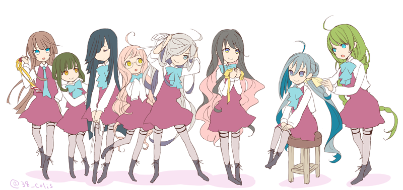 6+girls adjusting_hair ahoge asashimo_(kantai_collection) black_hair blue_bow blue_bowtie blue_eyes blue_hair bob_cut bow bowtie braid brown_hair closed_eyes colis commentary_request dress glasses green_hair grey_hair grey_legwear hair_over_one_eye hair_ribbon hairdressing hayashimo_(kantai_collection) kantai_collection kazagumo_(kantai_collection) kiyoshimo_(kantai_collection) long_hair makigumo_(kantai_collection) multicolored_hair multiple_girls naganami_(kantai_collection) open_mouth pantyhose pink_hair ribbon school_uniform shirt short_hair simple_background sitting sleeveless sleeveless_dress sleeves_past_wrists smile standing stool takanami_(kantai_collection) tying_hair very_long_hair white_background white_shirt yellow_eyes yuugumo_(kantai_collection)