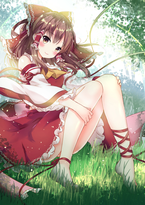 1girl ankle_lace-up ankle_ribbon ascot backlighting bare_legs barefoot blush bow brown_eyes brown_hair closed_mouth cross-laced_footwear detached_sleeves eyebrows eyebrows_visible_through_hair frilled_bow frilled_shirt_collar frilled_skirt frilled_sleeves frills hair_bow hair_tubes hakurei_reimu head_tilt long_hair long_sleeves non_(nobu) outdoors plant red_bow red_skirt red_vest ribbon sidelocks skirt smile solo touhou wide_sleeves
