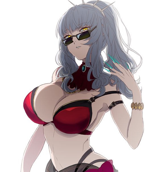 1girl alternate_costume artist_request bikini breasts carmilla_(fate/grand_order) fate/grand_order fate_(series) fingernails glasses jewelry large_breasts long_fingernails long_hair nail_polish necklace silver_hair simple_background solo summertime_mistress_(fate/grand_order) sunglasses swimsuit white_background yellow_eyes