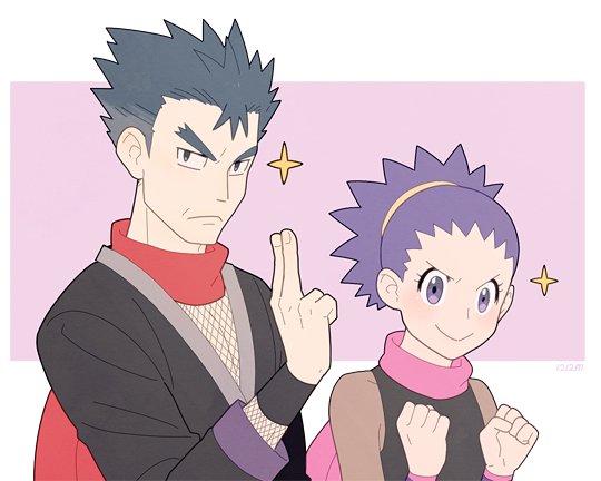 00s 1boy 1girl anzu_(pokemon) black_hair clenched_hands father_and_daughter gojya gym_leader kyou_(pokemon) ninja pink_scarf pokemon pokemon_(game) pokemon_hgss purple_hair red_scarf scarf smile sparkle spiky_hair violet_eyes