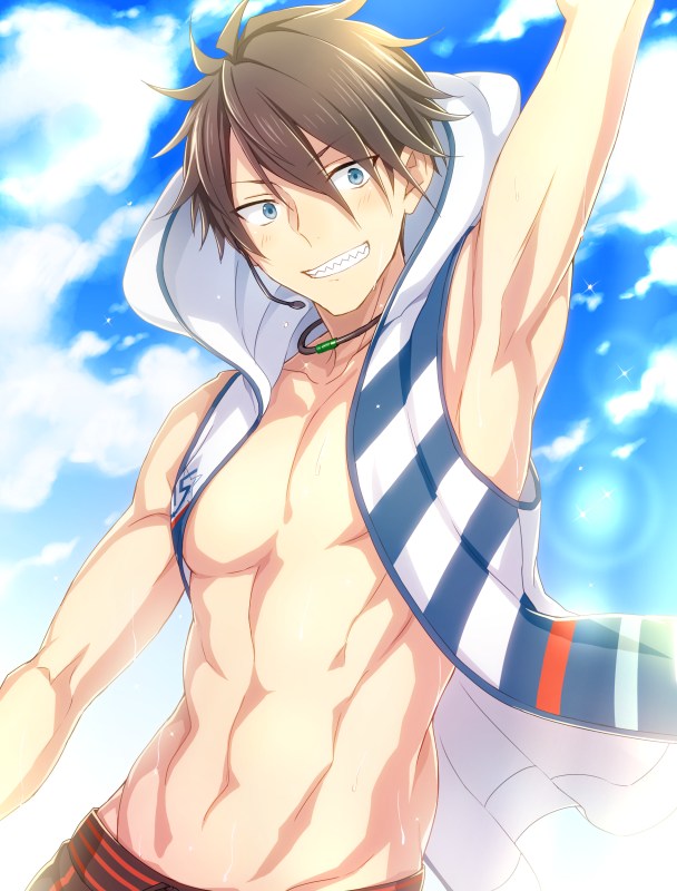 1boy akuno_hideo alternate_costume arm_up armpits blue_eyes blush brown_hair clouds cowboy_shot grin headset idolmaster idolmaster_side-m jewelry looking_at_viewer male_focus muscle navel necklace nesuop_(sm_nesuop) open_clothes sharp_teeth sky sleeveless sleeveless_hoodie smile solo teeth