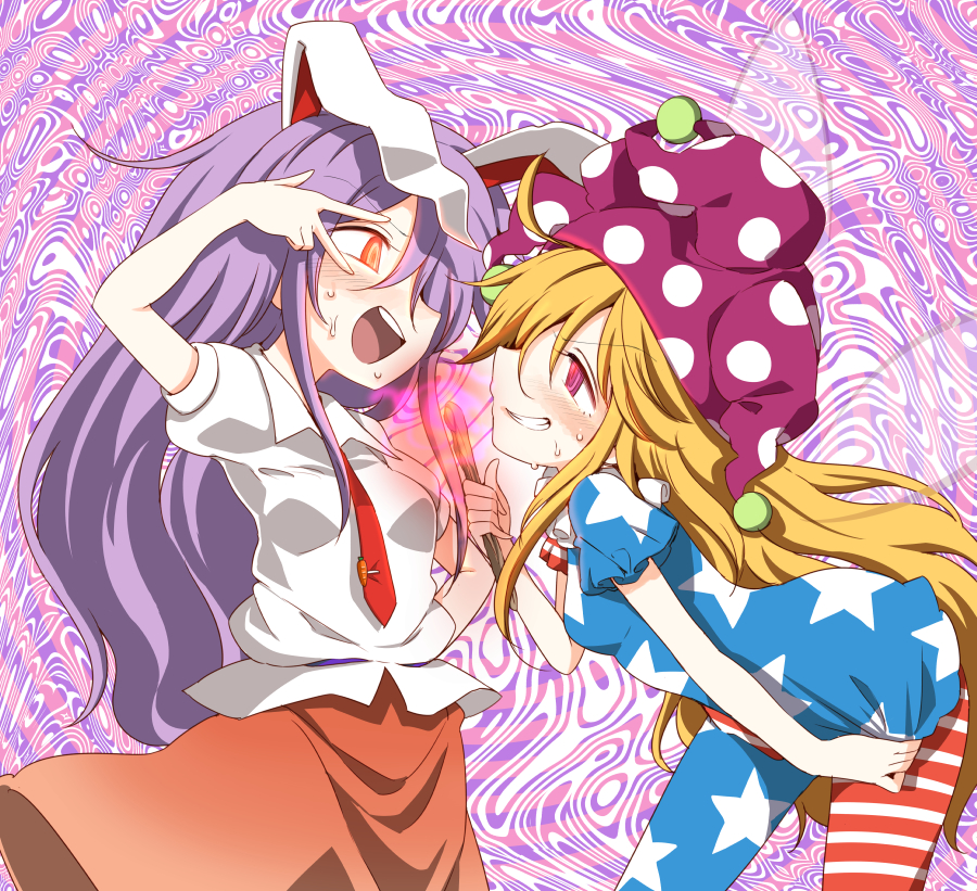 2girls @_@ abstract_background american_flag_legwear american_flag_shirt animal_ears blonde_hair blouse clownpiece fairy_wings fire glowing glowing_eyes grin harusame_(unmei_no_ikasumi) hat hypnosis jester_cap long_hair multiple_girls neck_ruff necktie open_mouth pantyhose pink_eyes pink_skirt polka_dot power_connection puffy_short_sleeves puffy_sleeves purple_hair rabbit_ears red_eyes red_necktie reisen_udongein_inaba round_teeth shirt short_sleeves skirt smile smug star star_print striped sweat teeth torch touhou very_long_hair white_blouse white_shirt wings