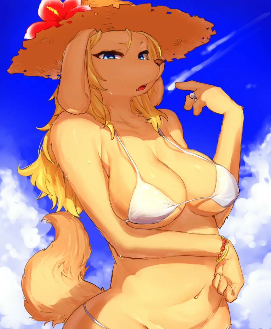 1girl bikini blonde_hair blue_eyes breasts dog female furry hat long_hair outdoors sky solo suurin_(ksyaro) swimsuit