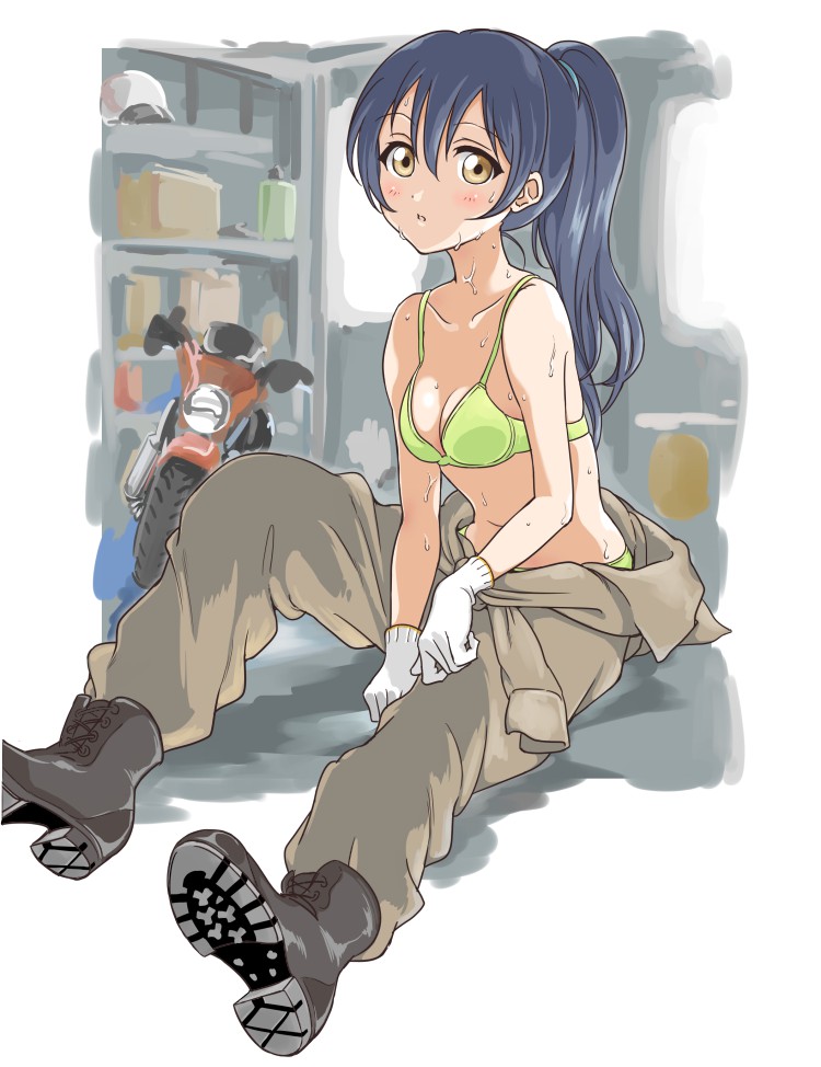1girl alternate_costume alternate_hairstyle bare_shoulders bikini bikini_under_clothes blue_hair boots breasts garage gloves green_bikini ground_vehicle hair_between_eyes indoors jumpsuit long_hair looking_at_viewer love_live! love_live!_school_idol_project mechanic medium_breasts midriff motor_vehicle navel no_shirt parted_lips ponytail shoes sitting solo sonoda_umi sweat swimsuit tetopetesone vehicle yellow_eyes