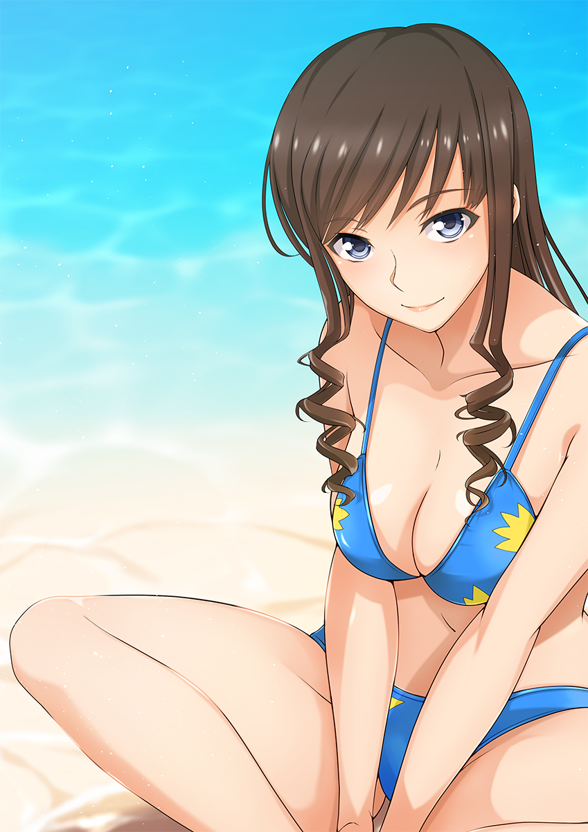 1girl amagami bare_arms bare_legs bare_shoulders beach between_legs bikini blue_bikini blue_eyes breasts brown_hair cleavage closed_mouth coast collarbone drill_hair hand_between_legs highres kishida-shiki knees_apart_feet_together long_hair looking_at_viewer medium_breasts morishima_haruka navel ocean outdoors sand shore sitting smile solo spread_legs stomach swimsuit twin_drills v_arms water