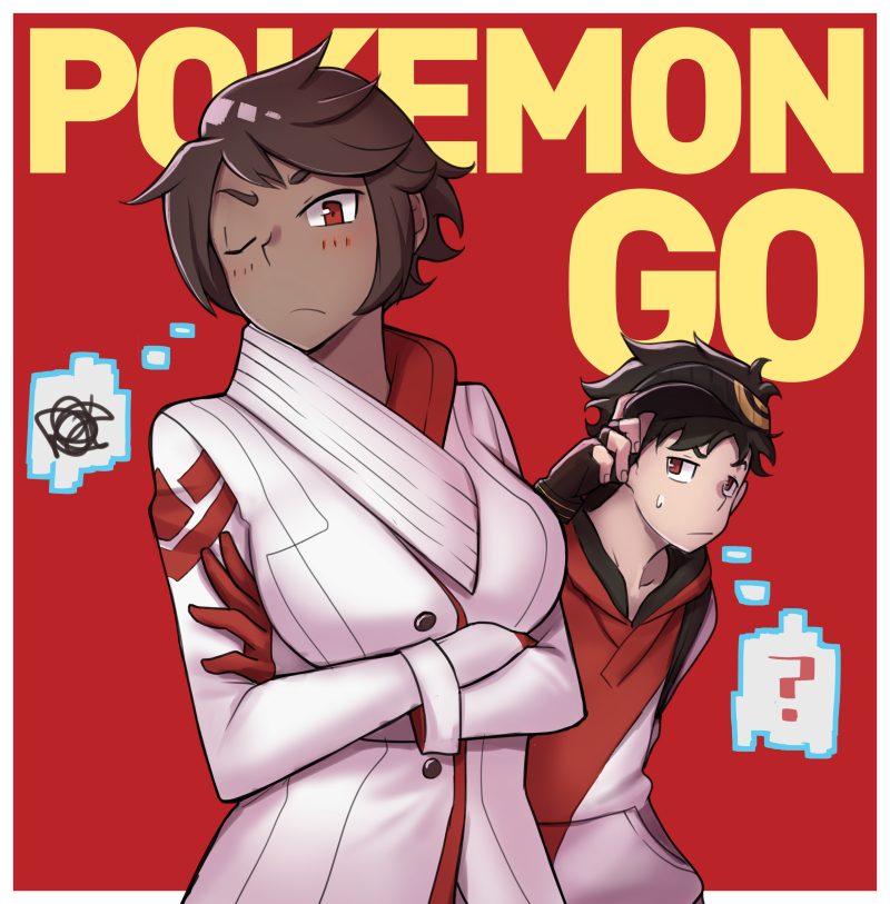 10s 1boy 1girl ? black_hair brown_hair can't_be_this_cute candela_(pokemon) coat copyright_name crossed_arms dark_skin gloves hood hoodie male_protagonist_(pokemon_go) ore_no_imouto_ga_konna_ni_kawaii_wake_ga_nai pokemon pokemon_go red_background red_eyes sen-jou simple_background spoken_squiggle squiggle upper_body visor_cap