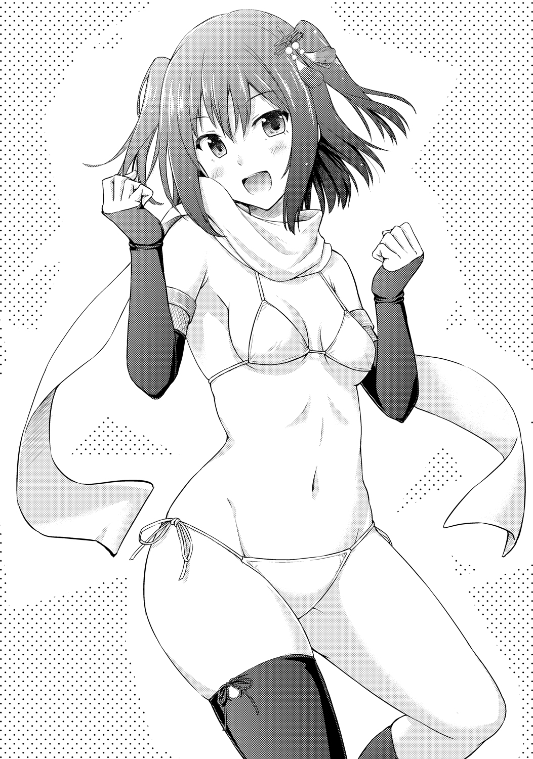 1girl :d bikini breasts clenched_hands collarbone gauntlets greyscale hair_ornament highres kantai_collection monochrome open_mouth remodel_(kantai_collection) scarf sendai_(kantai_collection) short_hair side-tie_bikini single_thighhigh small_breasts smile solo swimsuit thigh-highs twintails two_side_up yuuki_kazuhito
