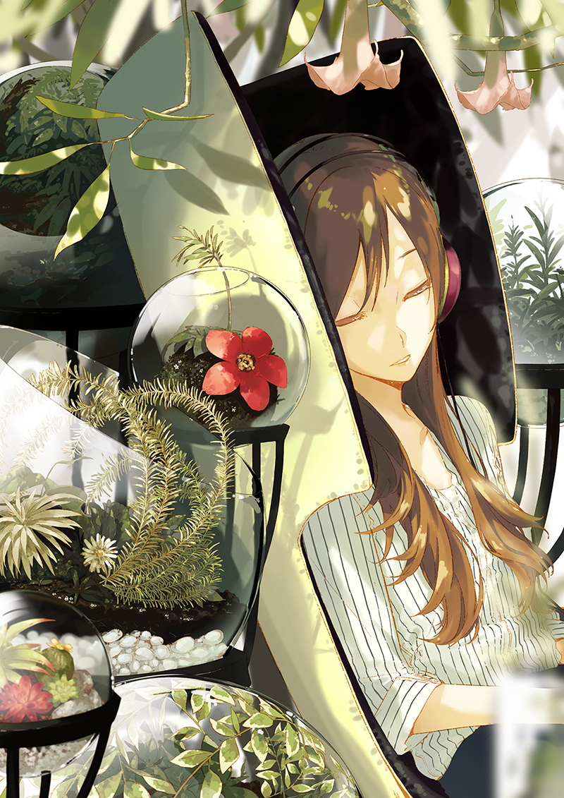 1girl blurry brown_hair chair closed_eyes depth_of_field flower headphones la-na leaf long_hair original parted_lips plant shirt sitting solo striped striped_shirt