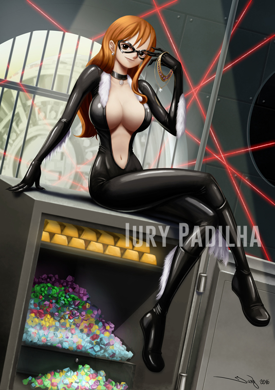 1girl black_cat_(marvel) bodysuit breasts cleavage cosplay gold large_breasts long_hair marvel nami_(one_piece) one_piece orange_hair safe thief