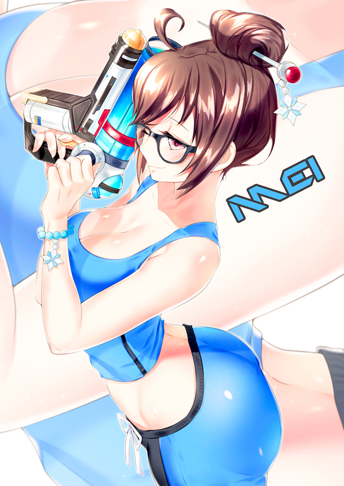 1girl ahoge alternate_costume arched_back bare_shoulders black-framed_eyewear blue_shorts blush breasts character_name cleavage closed_mouth collarbone cowboy_shot from_side gun hair_bun hair_ornament hair_stick holding holding_gun holding_weapon jewelry large_breasts mei_(overwatch) necklace overwatch pearl_necklace profile red_eyes ribbon seo short_hair shorts sleeveless smile tank_top weapon white_ribbon zoom_layer