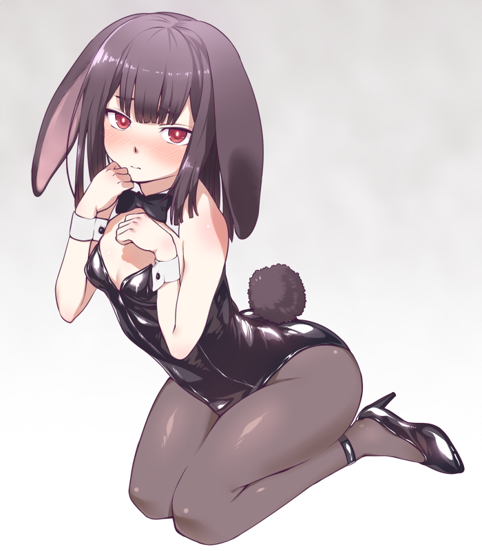 1girl animal_ears arched_back black_hair blush bow bowtie breasts bunny_girl bunny_tail bunnysuit cleavage detached_collar high_heels leaning_forward long_hair looking_at_viewer nose_blush pantyhose rabbit_ears red_eyes ryuusei_(ryuuseiseikou) simple_background sitting small_breasts solo tail wariza wrist_cuffs