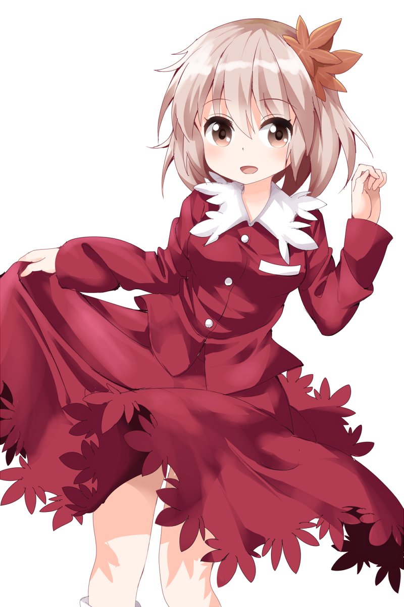 1girl :d aki_shizuha blush brown_eyes cowboy_shot dress dress_lift frilled_shirt_collar frills hair_ornament highres leaf leaf_hair_ornament lifted_by_self long_sleeves looking_at_viewer maple_leaf open_mouth red_dress ruu_(tksymkw) short_hair silver_hair smile solo touhou