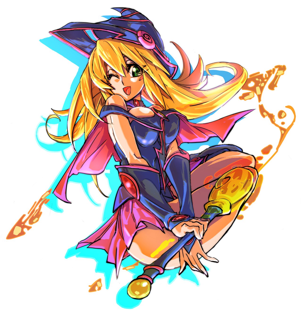 1girl artist_request bare_shoulders blonde_hair boots dark_magician_girl duel_monster female gloves hat legs long_hair looking_at_viewer magical_girl skirt solo wink wizard_hat yu-gi-oh!