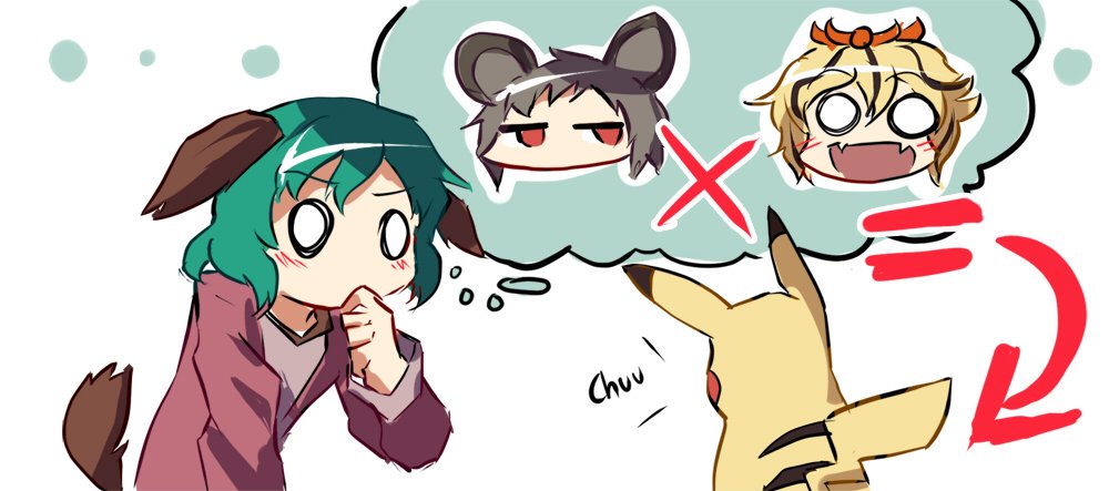 3girls blonde_hair commentary crossover directional_arrow finger_to_mouth green_hair grey_hair kapiten70 kasodani_kyouko multiple_girls nazrin pikachu pokemon tail thinking thought_bubble toramaru_shou touhou