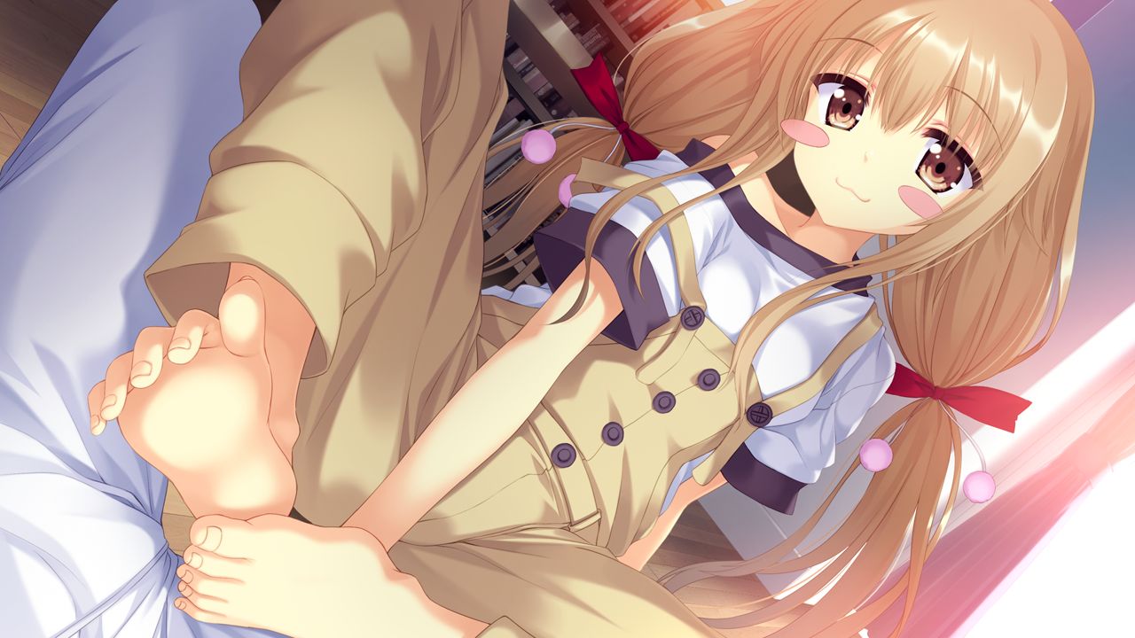 1girl :3 barefoot blonde_hair blush blush_stickers chiyoda_mari disembodied_blush eyebrows feet game_cg jpeg_artifacts koiken_otome long_hair looking_at_viewer overalls sitting sitting_on_person soles solo strap_slip tateha_(marvelous_grace) tied_hair toes twintails