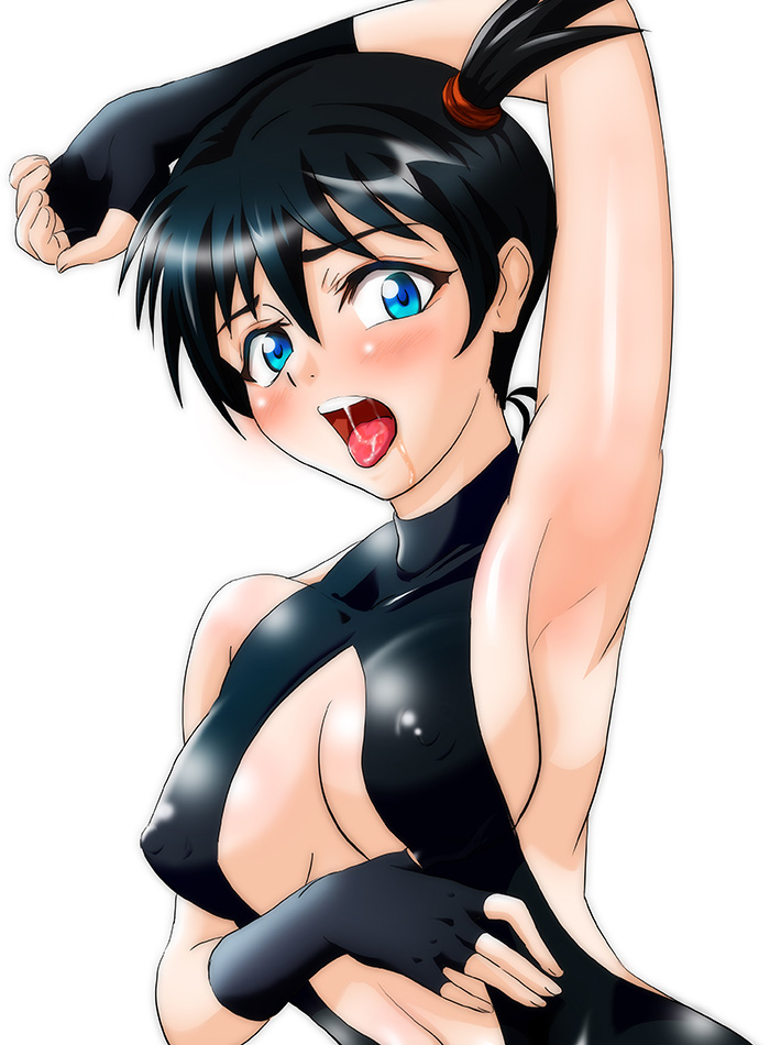 1girl alternate_hair_color bare_shoulders black_hair blue_eyes breasts dengeki!_pikachu female gym_leader kasumi_(pokemon) looking_at_viewer nintendo nipples one-piece_swimsuit open_mouth pokemon ponytail saliva short_hair side_ponytail solo swimsuit tongue tongue_out wet wetsuit