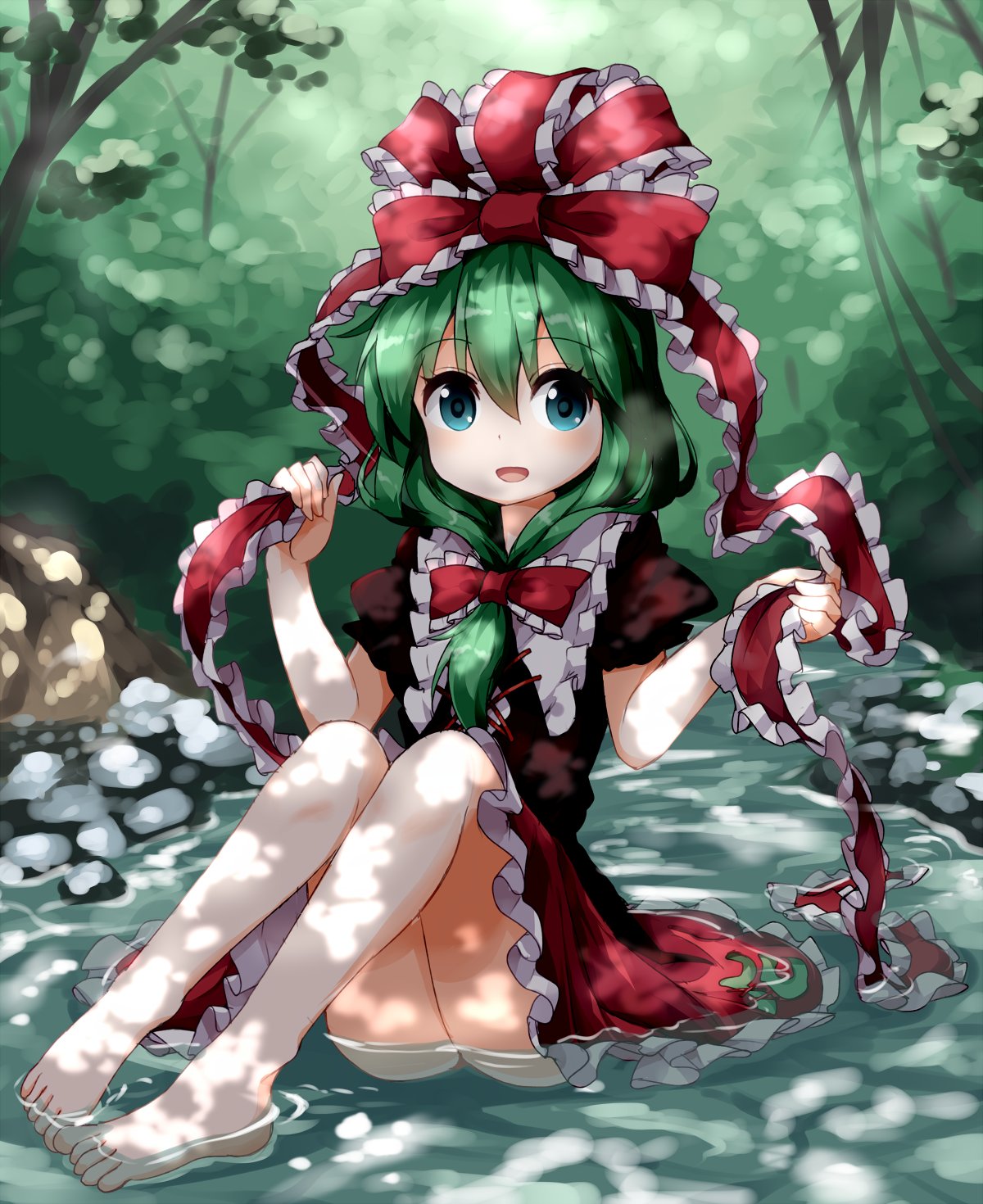 1girl :d barefoot blush bow dress feet forest frills front_ponytail full_body green_eyes green_hair hair_bow hair_ribbon highres kagiyama_hina looking_at_viewer matching_hair/eyes nature no_panties open_mouth partially_submerged pond red_bow red_dress red_ribbon ribbon ruu_(tksymkw) sitting smile solo touhou
