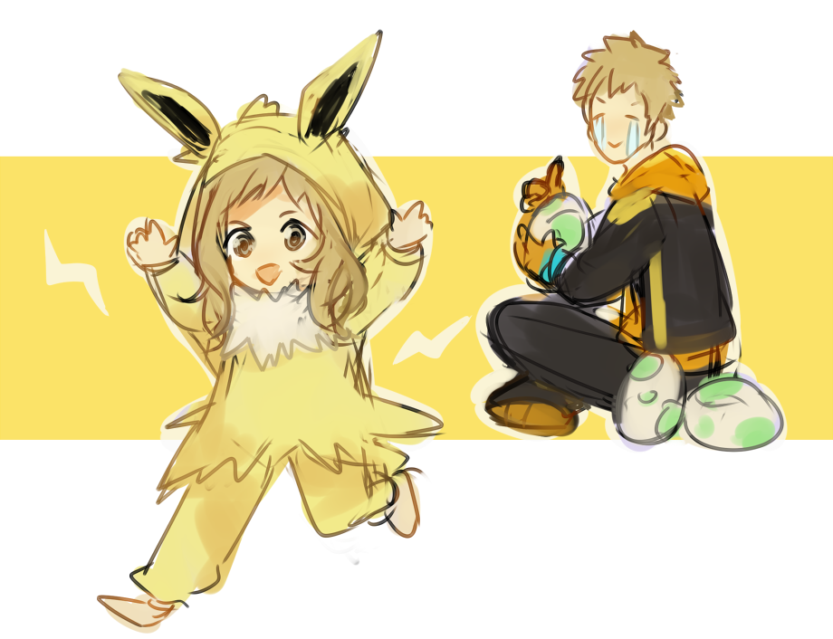1boy 1girl artist_request blonde_hair blue_eyes cosplay costume father_and_daughter fire_emblem fire_emblem_if jolteon nintendo odin_(fire_emblem_if) ophelia_(fire_emblem_if) pokemon pokemon_go smile spark_(pokemon)