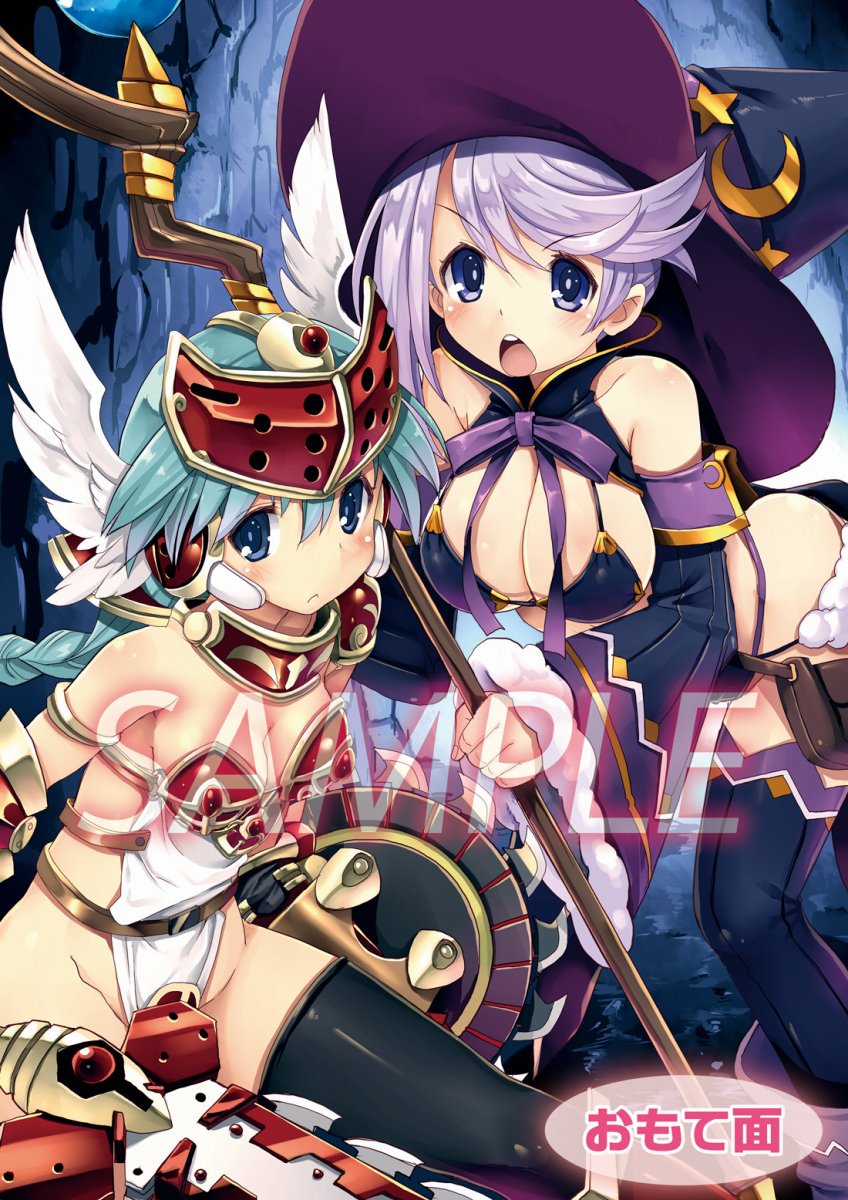 2girls armor bikini bikini_armor bikini_warriors black_legwear blush braid breasts character_request crossover female helmet long_hair looking_at_viewer mage_(bikini_warriors) mirim multiple_girls queen's_blade queen's_blade_rebellion shiny sword weapon winged_helmet