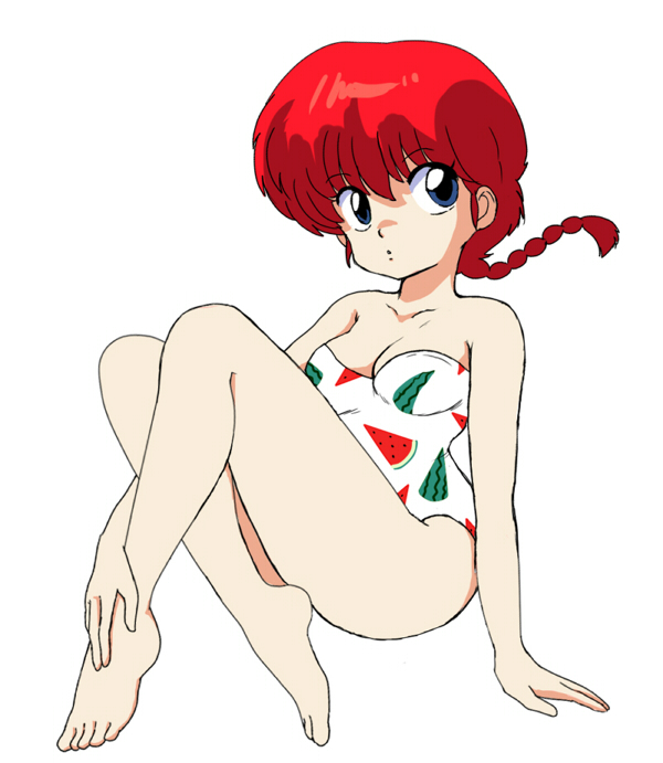 1girl bare_legs bare_shoulders barefoot braid cleavage cyocomi3 feet female full_body genderswap hands_on_feet looking_away official_style ranma-chan ranma_1/2 redhead saotome_ranma simple_background single_braid sitting solo swimsuit white_background