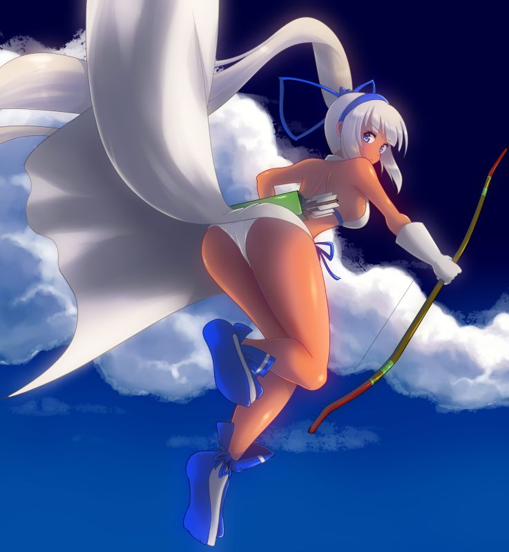 1girl arrow_(projectile) ass blue_eyes bow_(weapon) breasts dark-skinned_female dark_skin from_behind full_body gloves high_ponytail kasabou long_hair looking_at_viewer looking_back majikina_mina medium_breasts panties partially_fingerless_gloves quiver samurai_spirits sarong side-tie_skirt sky snk solo underwear very_long_hair weapon white_hair white_panties white_sarong yugake