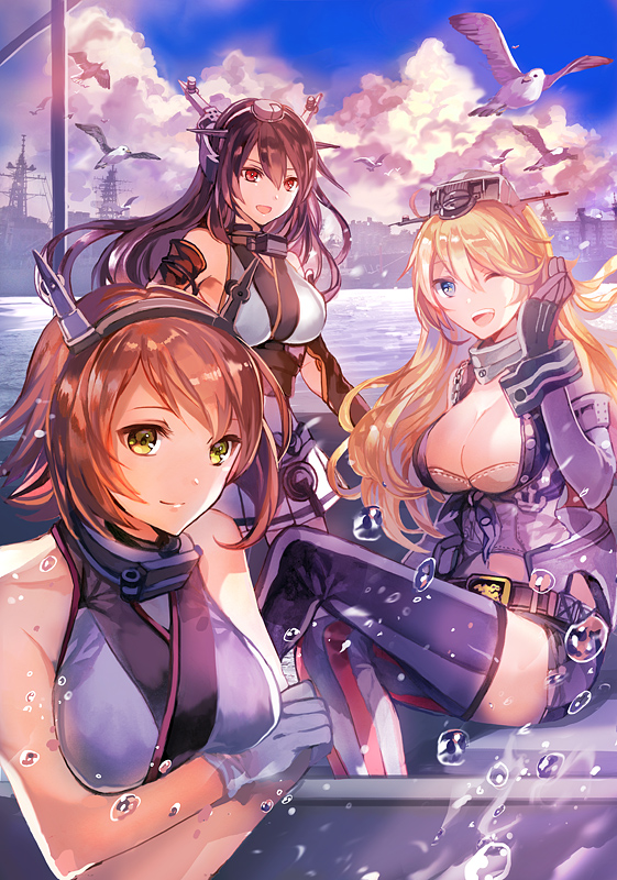 3girls belt bird blue_eyes breasts brown_eyes brown_hair cleavage clouds elbow_gloves flying gloves green_eyes harbor iowa_(kantai_collection) kantai_collection large_breasts long_hair miniskirt multiple_girls mutsu_(kantai_collection) nagato_(kantai_collection) one_eye_closed pleated_skirt rioka_(southern_blue_sky) seagull short_hair sitting skirt sky thigh-highs water