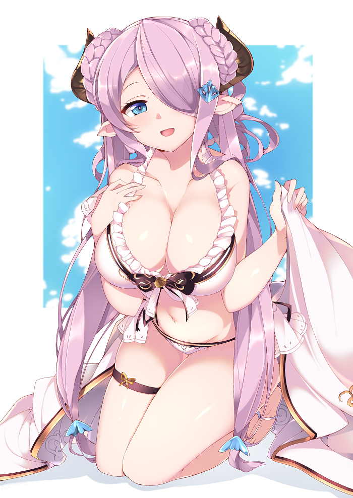 1girl :d alternate_costume bare_shoulders bikini blue_eyes braid breasts cleavage collarbone double_bun frilled_bikini frills front-tie_top granblue_fantasy groin hair_ornament hair_over_one_eye hair_ribbon hand_on_own_chest haruyuki_(yukichasoba) horns kneeling large_breasts lavender_hair long_hair looking_at_viewer midriff narumeia_(granblue_fantasy) navel open_mouth pointy_ears ribbon sandals sitting skindentation smile solo swimsuit thigh_strap thighs toes tress_ribbon twin_braids twintails white_bikini